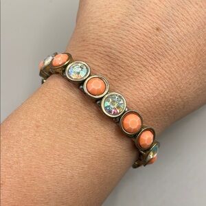 Vintage Gold Tone Coral Rhinestone Bangle Cuff Statement Bracelet